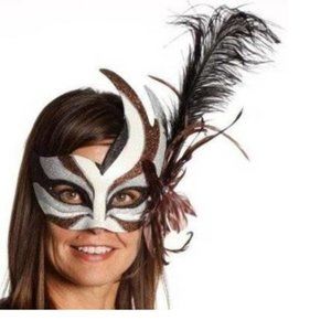 Masquerade Mask Halloween Mardi Gras White & Brown Feather Bird Ceramic Party